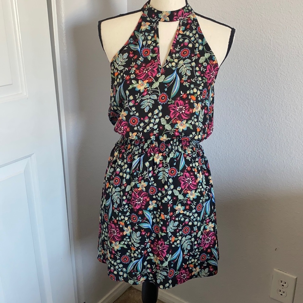 paper crane floral mock neck dress